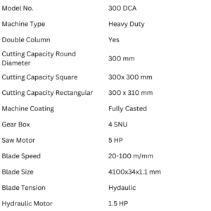 Treeveni Techno Craft 300 DCA double column heavy duty bandsaw machine specifications
