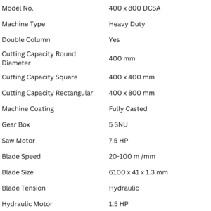 Treeveni Techno Craft 400 x 800 DCSA heavy duty bandsaw machine specifications