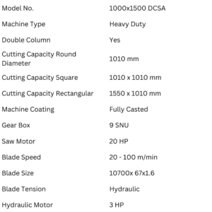 Treeveni Techno Craft 1000 x 1500 DCSA heavy duty industrial bandsaw machine specifications