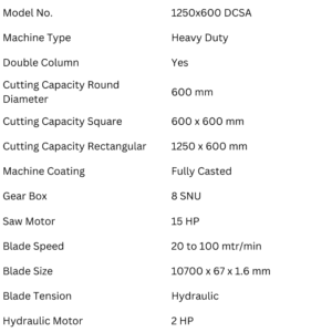 Treeveni Techno Craft 1250 x 600 DCSA heavy duty double column bandsaw machine specifications