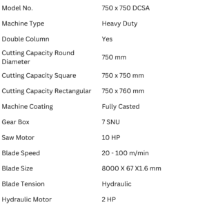 Treeveni Techno Craft 750 x 750 DCSA heavy duty double column bandsaw machine specifications