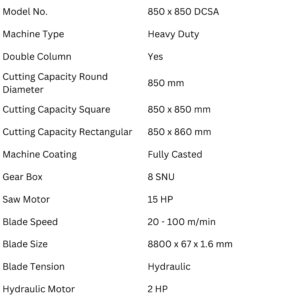 Treeveni Techno Craft 850 x 850 DCSA heavy duty double column bandsaw machine specifications