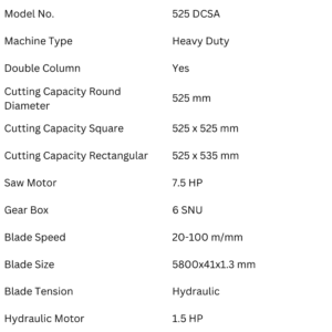 Treeveni Techno Craft 525 DCSA heavy duty double column bandsaw machine specifications